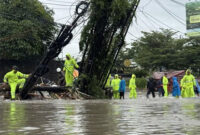 Petugas dan warga bergotong royong memindahkan halte bus dan tiang kabel komunikasi yang roboh dan menghalangi jalan di depan Mako Brimob Polda Bali, Rabu (10/9/2025). doc (I Nyoman Adhisthaya Sawitra/detikBali)
