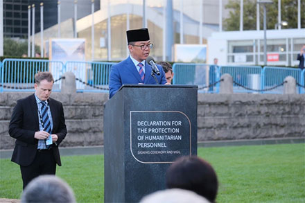Menteri Luar Negeri RI Sugiono saat menghadiri side event peluncuran Deklarasi Global Pelindungan Personel Kemanusiaan di Markas Besar PBB, New York, Sabtu (21/9/2025). Foto: Kemlu RI
