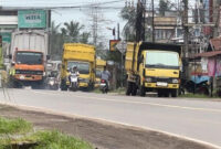 ANTREAN TRUK - Antrean panjang truk terlihat di SPBU Tanjung Lumut atau Simpang Gado-gado, Kota Jambi, beberapa waktu lalu.
