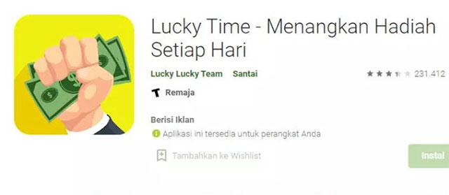 tangkapan layar aplikasi  Lucky Time 
foto. dok: istimewa