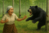 ilustrasi perempuan di serang beruang