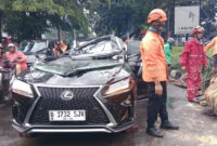 Mobil Lexus ringsek usai tertimpa pohon tumbang di Jakarta Selatan, Minggu (26/10/2025). Foto: BPBD DKI Jakarta
