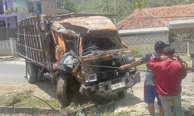 Truk pengangkut sapi yang terguling di Jalan Raya Nagreg. Foto: Dok. Istimewa
