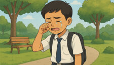 ilustrasi siswa smp laki-laki menangis di taman