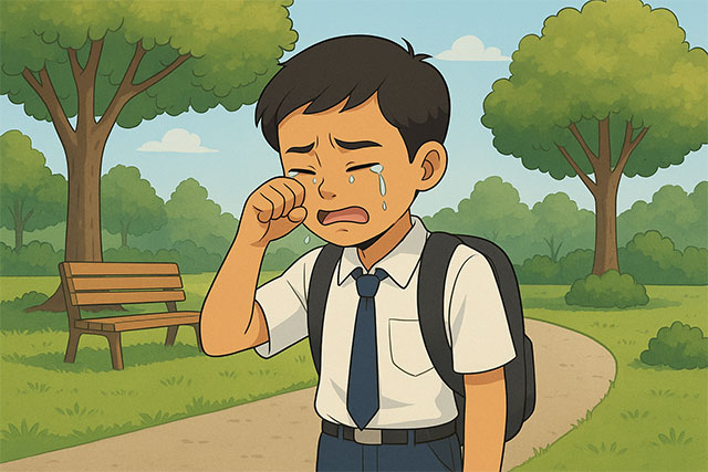 ilustrasi siswa smp laki-laki menangis di taman