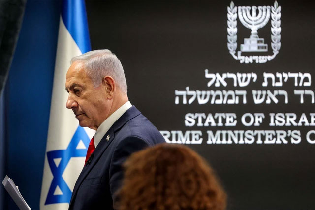 Perdana Menteri Israel Benjamin Netanyahu pada konferensi pers di kantor Perdana Menteri di Yerusalem pada 10 Agustus 2025. Foto: Abir SULTAN / POOL / AFP
